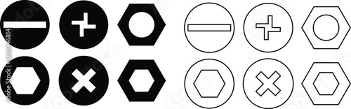 Nuts , screws, rivets, and bolts con set. Equipment stainless, fasteners, metal fixation gear black line and flat vector collection isolated on transparent background. Building tools construction sign