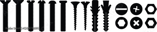 Nuts , screws, rivets, and bolts con set. Equipment stainless, fasteners, metal fixation gear black line and flat vector collection isolated on transparent background. Building tools construction sign