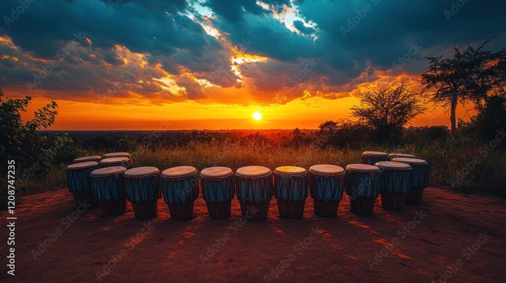 Sunset Drums Circle African Savanna Landscape Sunset Drums Circle African Savanna Landscape