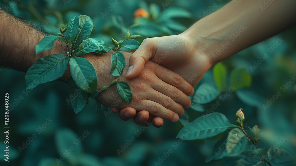 Female and male hands shaking, surrounded by vibrant green nature, with plants intertwining their fingers, symbolizing a green deal, environmental unity, and the bond between humanity and nature Female and male hands shaking, surrounded by vibrant green nature, with plants intertwining their fingers, symbolizing a green deal, environmental unity, and the bond between humanity and nature