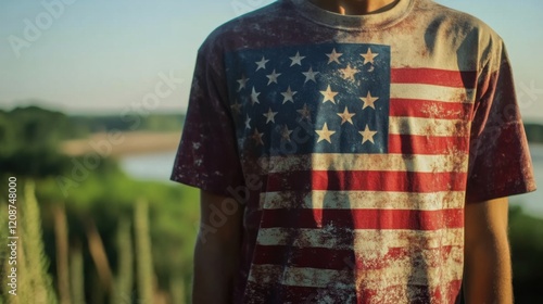 A casual T-shirt with a large USA flag graphic, modeled by a person standing outdoors, with a blurred natural background, symbolizing patriotic pride  photo