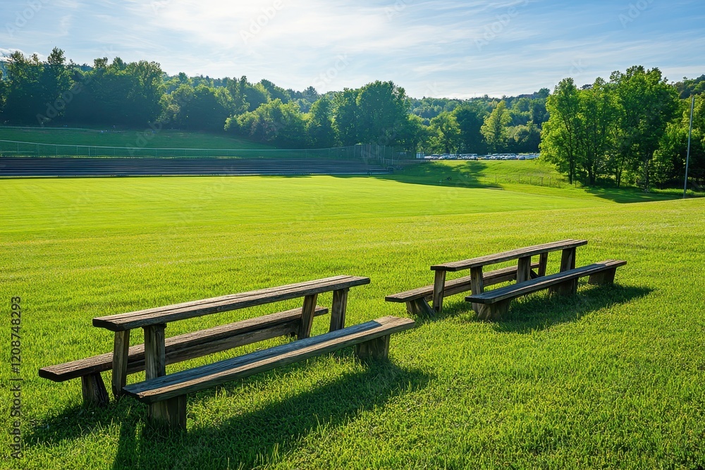 Serene Outdoor Scene with Wooden Benches on a Lush Green Field Surrounded by Trees and Rolling Hills Under a Clear Blue Sky Serene Outdoor Scene with Wooden Benches on a Lush Green Field Surrounded by Trees and Rolling Hills Under a Clear Blue Sky