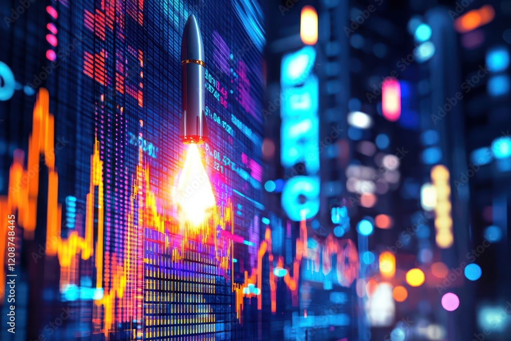 A rocket launching from a glowing stock market graph, A rocket launching from a glowing stock market graph,