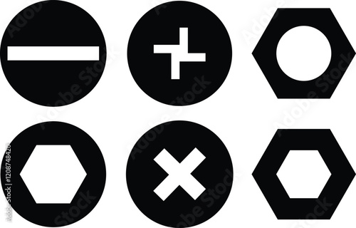 Nuts , screws, rivets, and bolts con set. Equipment stainless, fasteners, metal fixation gear black line and flat vector collection isolated on transparent background. Building tools construction sign