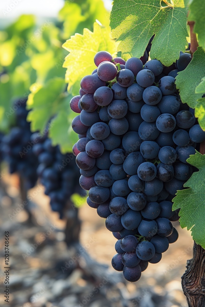 Fototapeta premium Ripe dark grapes hanging from vine.