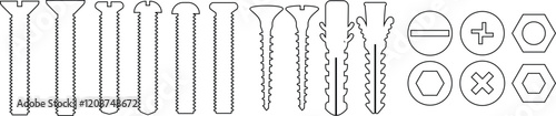 Nuts , screws, rivets, and bolts con set. Equipment stainless, fasteners, metal fixation gear black line and flat vector collection isolated on transparent background. Building tools construction sign
