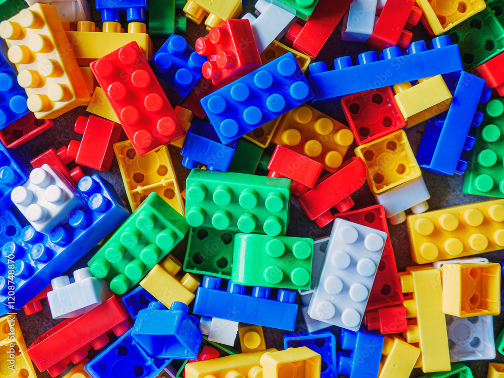 Naklejka premium Building block toy with colorful blocks bricks toy, Top view