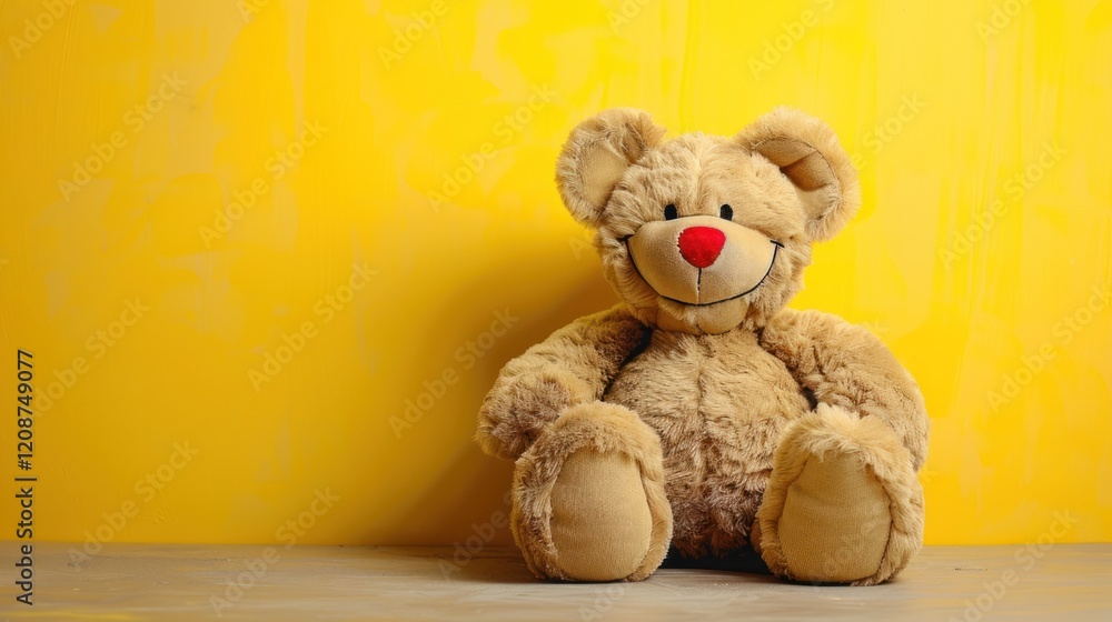 Fototapeta premium Big teddy bear sitting on a yellow background, AI generated image