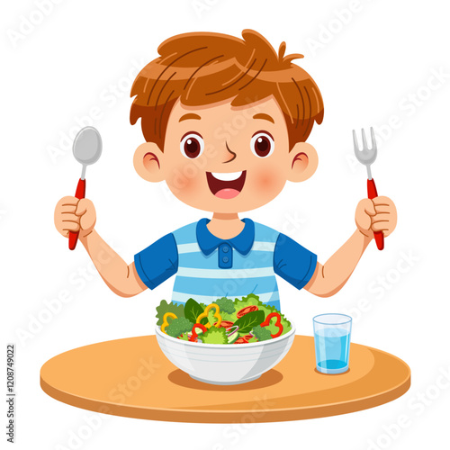Cheerful boy is eating a salad of fresh vegetables with fork and spoon