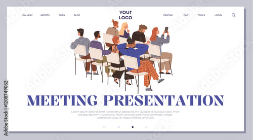 Group of people sitting on chairs, some taking notes, others engaged with laptops or mobile devices in an office meeting set-up. Ideal for corporate meetings, teamwork, business seminars, training