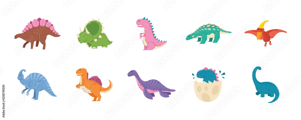 Fototapeta premium Cute Cartoon Dinosaurs With Varied Species, Children dinosaurs set. Collection of cute cartoon dinosaurs 