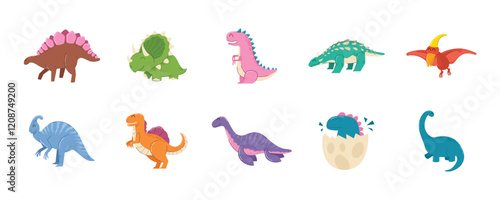 Cute Cartoon Dinosaurs With Varied Species, Children dinosaurs set. Collection of cute cartoon dinosaurs 