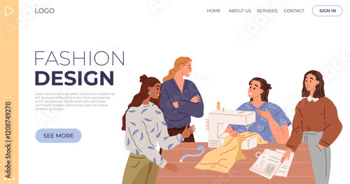 Fashion design online. Designer workshop landing page or web banner template for dressmaking, tailoring school. Clients buyers and seamstresses, sewing tools, sewing machine, equipment for handmade