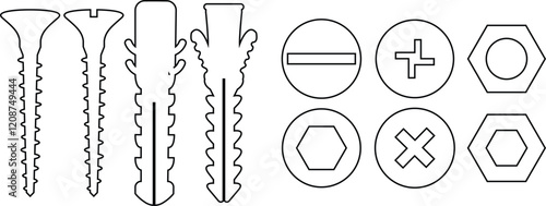 Nuts , screws, rivets, and bolts con set. Equipment stainless, fasteners, metal fixation gear black line and flat vector collection isolated on transparent background. Building tools construction sign