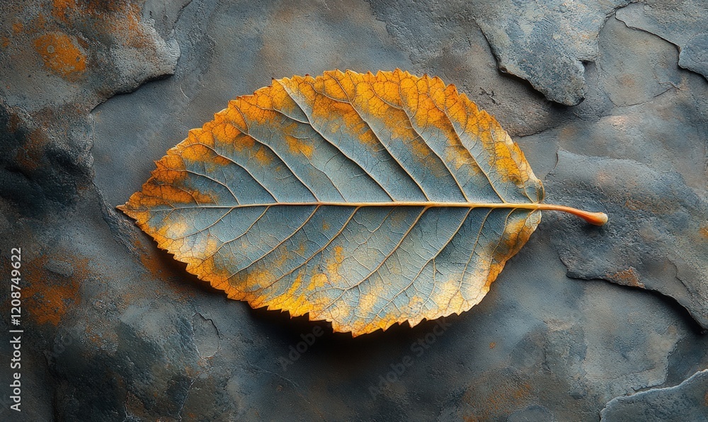 Single dry leaf on textured grey surface. Single dry leaf on textured grey surface.