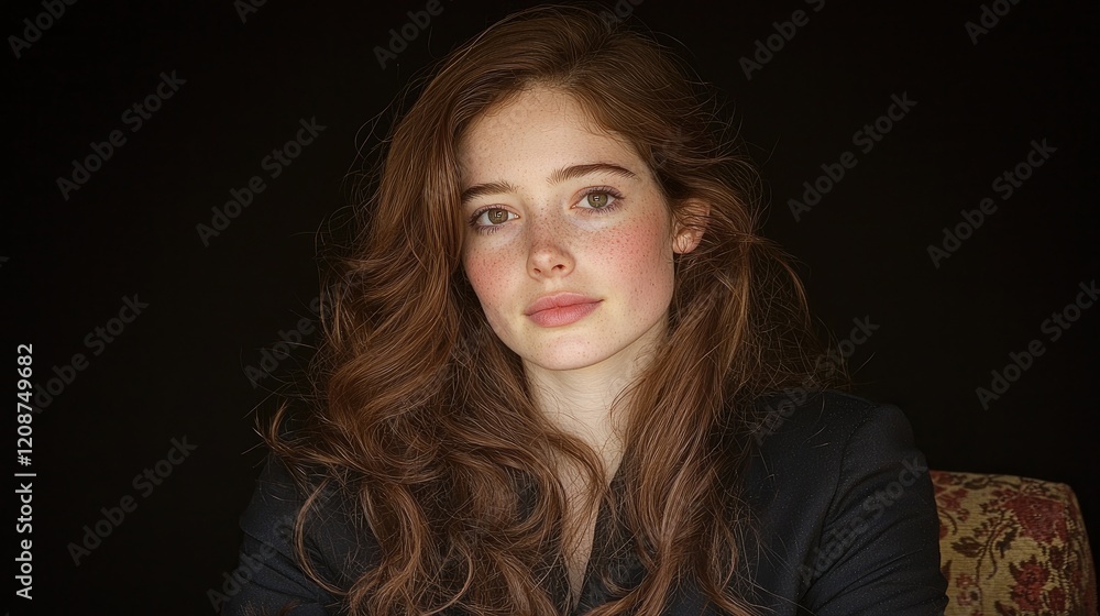 Fototapeta premium Woman, red hair, portrait, dark background, studio