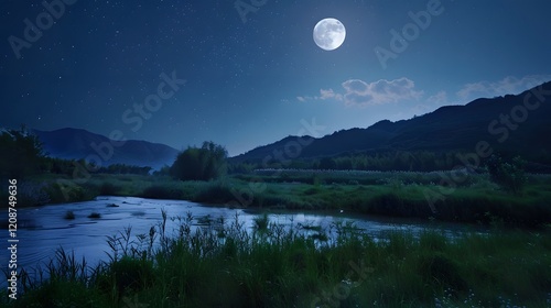 a serene nighttime landscape with the full moon  photo