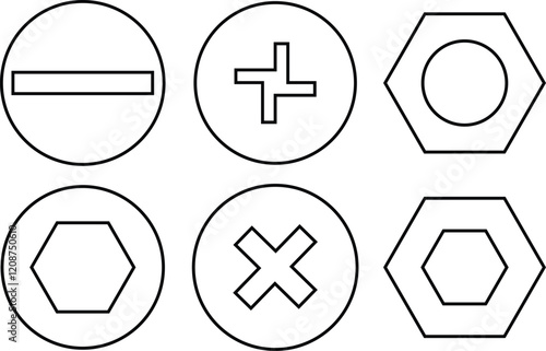 Nuts , screws, rivets, and bolts con set. Equipment stainless, fasteners, metal fixation gear black line and flat vector collection isolated on transparent background. Building tools construction sign