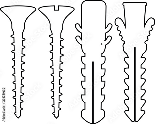 Nuts , screws, rivets, and bolts con set. Equipment stainless, fasteners, metal fixation gear black line and flat vector collection isolated on transparent background. Building tools construction sign