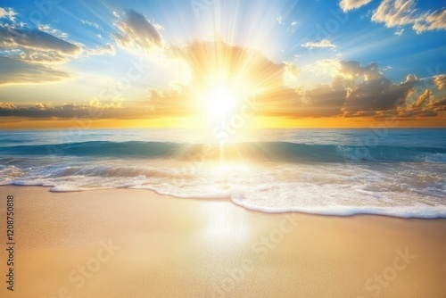 Serene Sunrise Over Calm Ocean Waves Illuminating Sandy Shore with Golden Light, Cloudy Sky, and Tranquil Atmosphere for Peaceful Escape in Nature