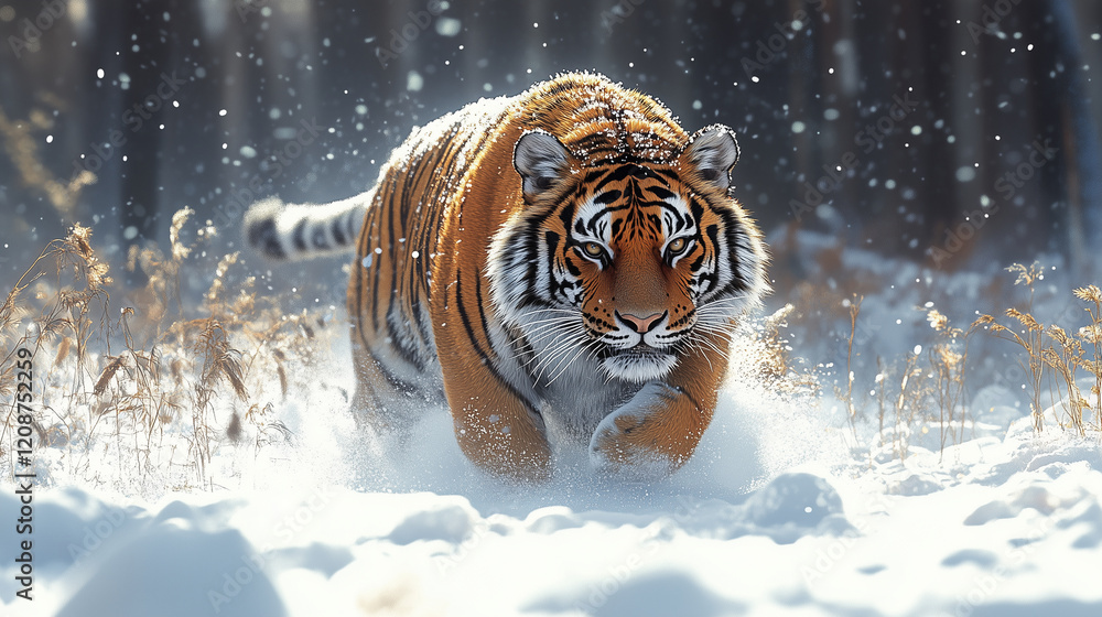 Obraz premium A tiger walks through a snowy scene