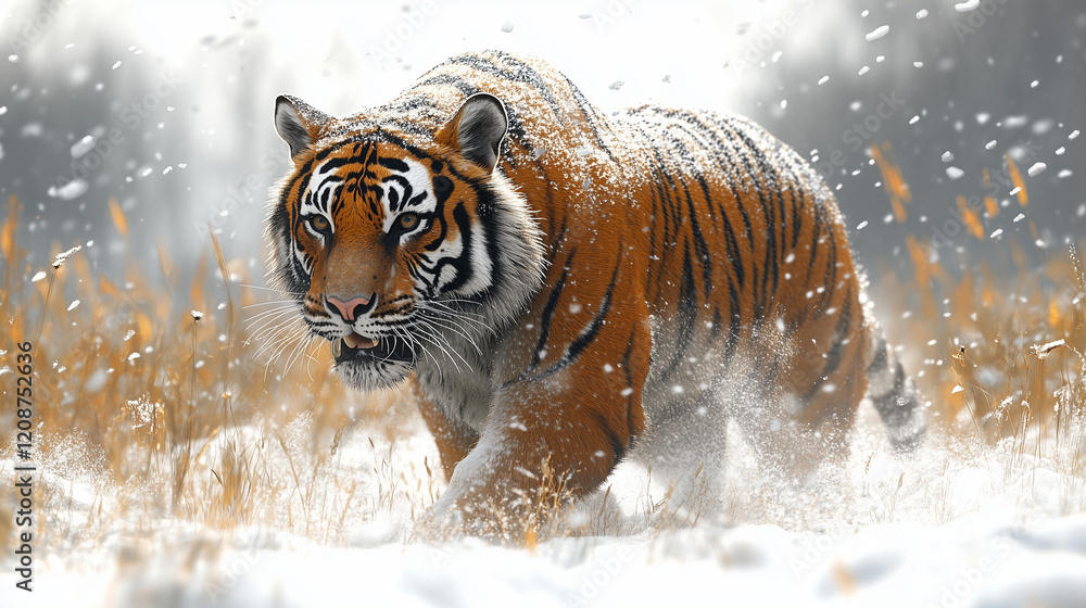 Obraz premium A tiger walks through a snowy scene