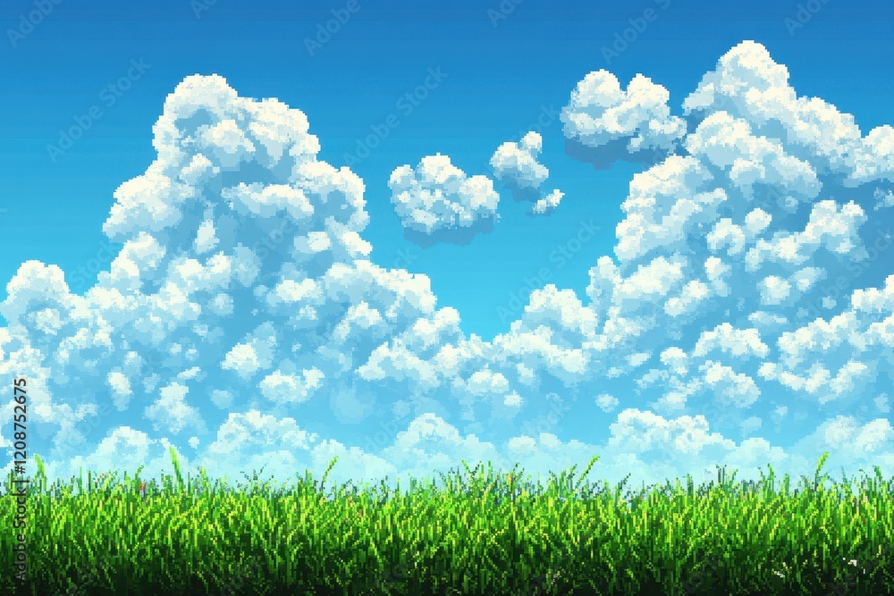 Pixel art of a sunny day, fluffy clouds above lush green grass. Ideal for game backgrounds, websites, or projects needing a cheerful, idyllic scene.