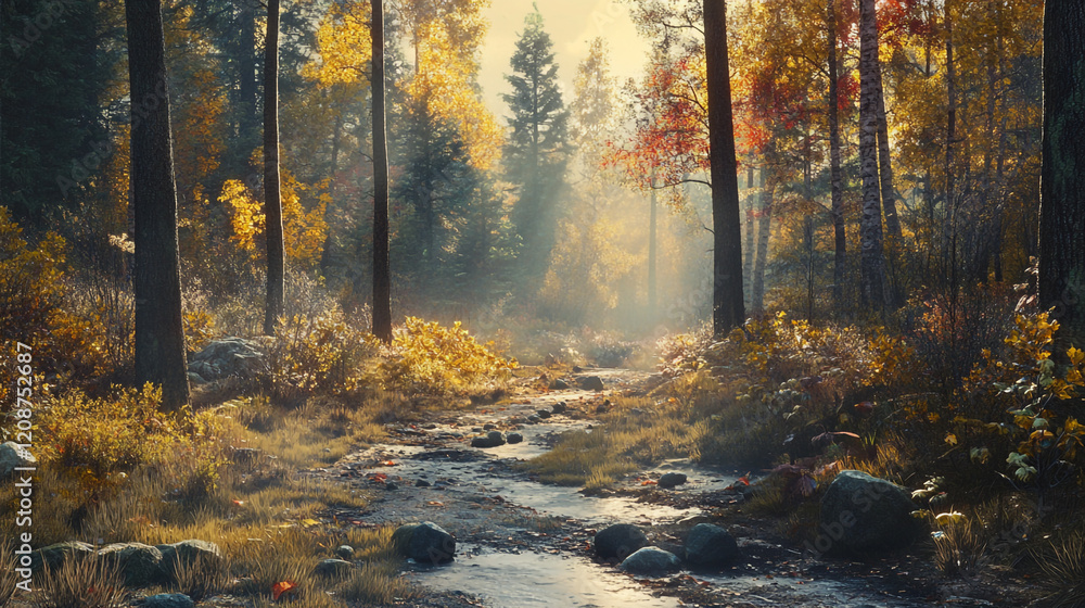 Serene autumn forest with sun rays shining through trees along a winding path