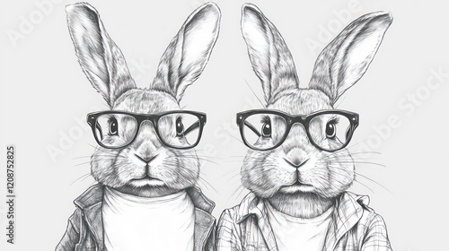 A pair of rabbits or bunnies with clothes and glasse. Animalism. Anthopomorphic creature. Imitation sketch print in black and white coloring. Illustration for design photo