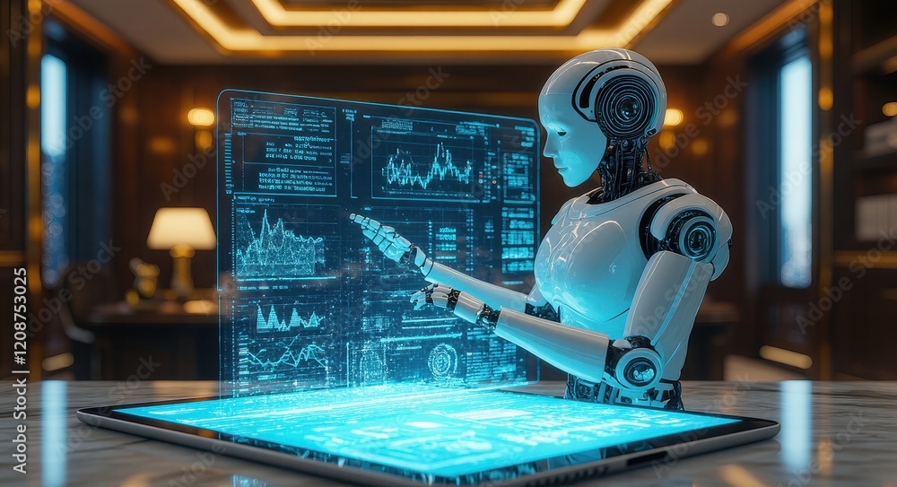 Exclusive Digital Financial Planning AI Hologram Assistant, Holographic Charts, and Luxurious Private Office. Exclusive Digital Financial Planning AI Hologram Assistant, Holographic Charts, and Luxurious Private Office.