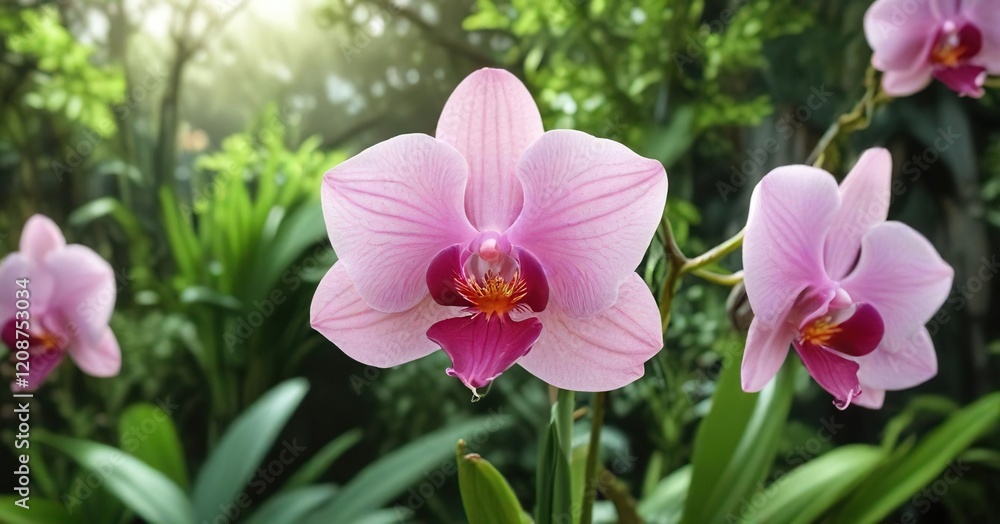 Fototapeta premium A delicate pink orchid blooms in a lush green garden, tropical plant, greenery