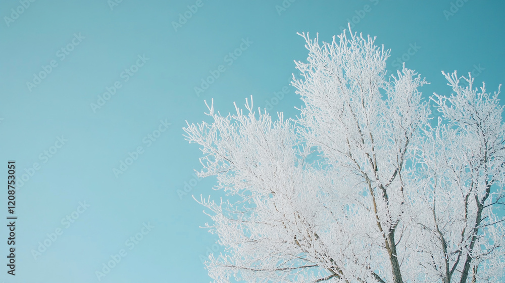 Frost-covered tree stands against a bright blue sky in winter scenery Frost-covered tree stands against a bright blue sky in winter scenery