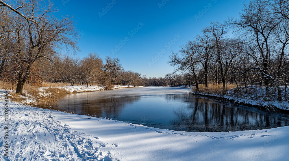 Serenity of a snowy riverbank on a clear winter day by the frozen water Serenity of a snowy riverbank on a clear winter day by the frozen water