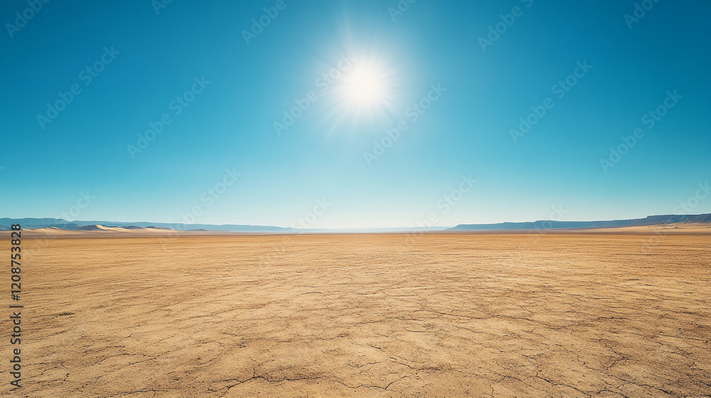Vast desert landscape under a clear blue sky with the sun shining down Vast desert landscape under a clear blue sky with the sun shining down