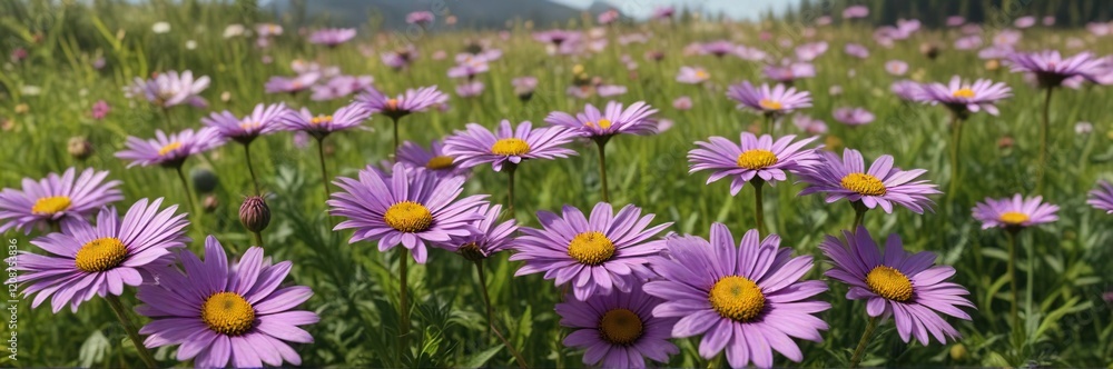 Obraz premium A group of purple daisies growing together in a lush meadow on a warm summer day , , purple, flowers in garden