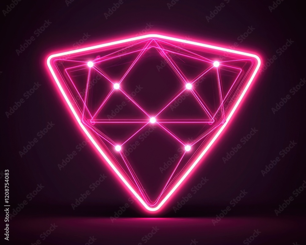 Naklejka premium A glowing pink diamond shape with interconnected lines and nodes, set against a dark background, exudes a futuristic and modern aesthetic.