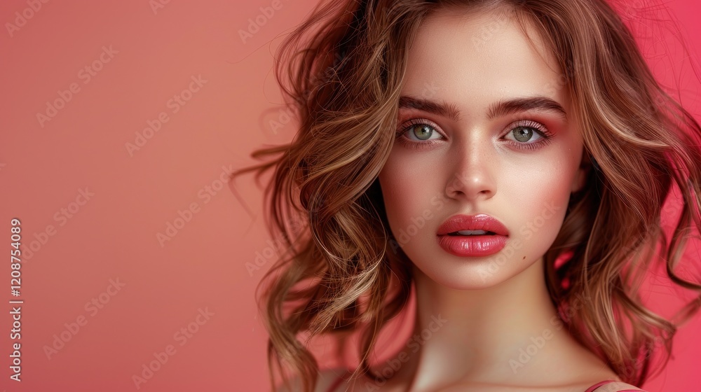 Fototapeta premium A woman with red lipstick and blue eyes stands in front of a blue background
