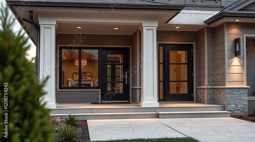 Wallpaper Mural Modern House Exterior at Night: Luxury Home Design and Architecture.  Contemporary home entrance with grey siding, stone accents, and elegant lighting. Torontodigital.ca