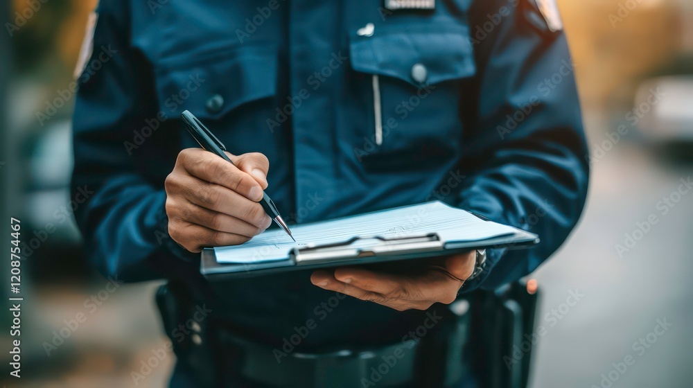A police officer writing notes in a clipboard, capturing essential information in a professional setting. A police officer writing notes in a clipboard, capturing essential information in a professional setting.