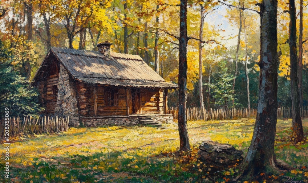 Wooden cabin in the forest, oil painting illustration Wooden cabin in the forest, oil painting illustration