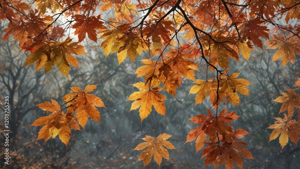 A large quantity of autumn leaves on tree branches are covered in raindrops, creating a thick layer of water that shimmers and shines , rainwater droplets, wet leaves A large quantity of autumn leaves on tree branches are covered in raindrops, creating a thick layer of water that shimmers and shines , rainwater droplets, wet leaves