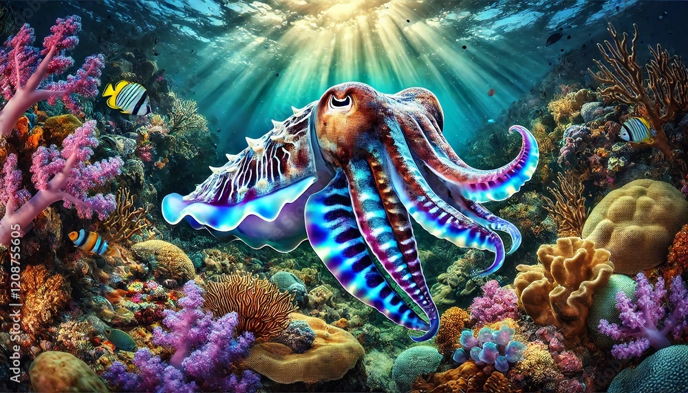 Obraz premium Vibrant Squid Swimming Through Coral Reef