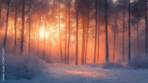 Beautiful winter sunrise illuminating a misty forest with tall trees and soft snow photo