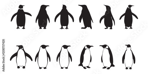 Penguins vector set. Silhouettes and Outlines of Penguins in Different Poses.