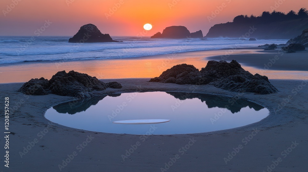 Obraz premium Sunset ocean tide pool surfboard reflections