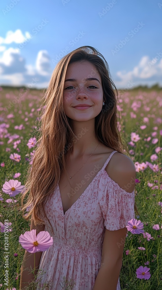 A photo of a happy young woman wearing a pink dress in a flower field, with a sky background. A photo of a happy young woman wearing a pink dress in a flower field, with a sky background.