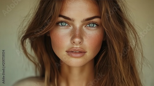 Wallpaper Mural A photograph of a European woman with long hair and blue eyes, wearing a beige shirt, against a neutral background with soft lighting, looking directly at the camera. Torontodigital.ca