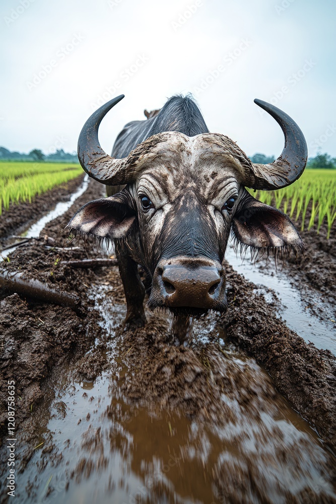 Naklejka premium Muddy water buffalo in rice paddy.