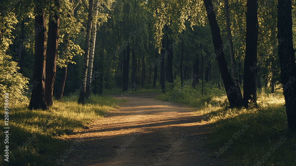 Obraz premium Serene forest pathway illuminated by golden sunlight during late afternoon stroll