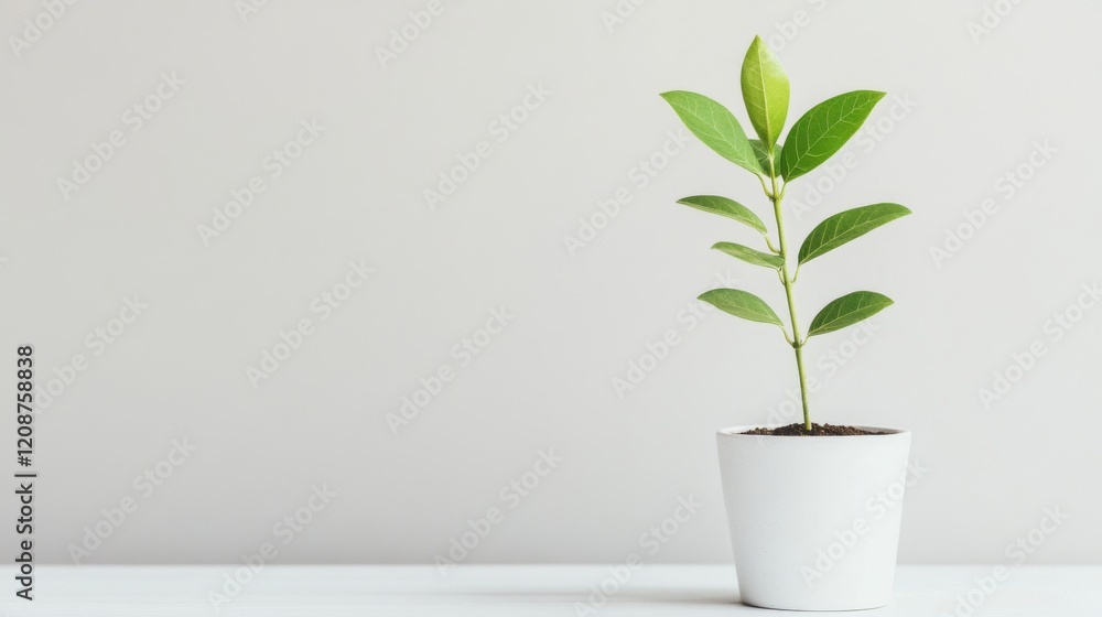 Small green plant in a white pot on a white table against a light gray background. Small green plant in a white pot on a white table against a light gray background.